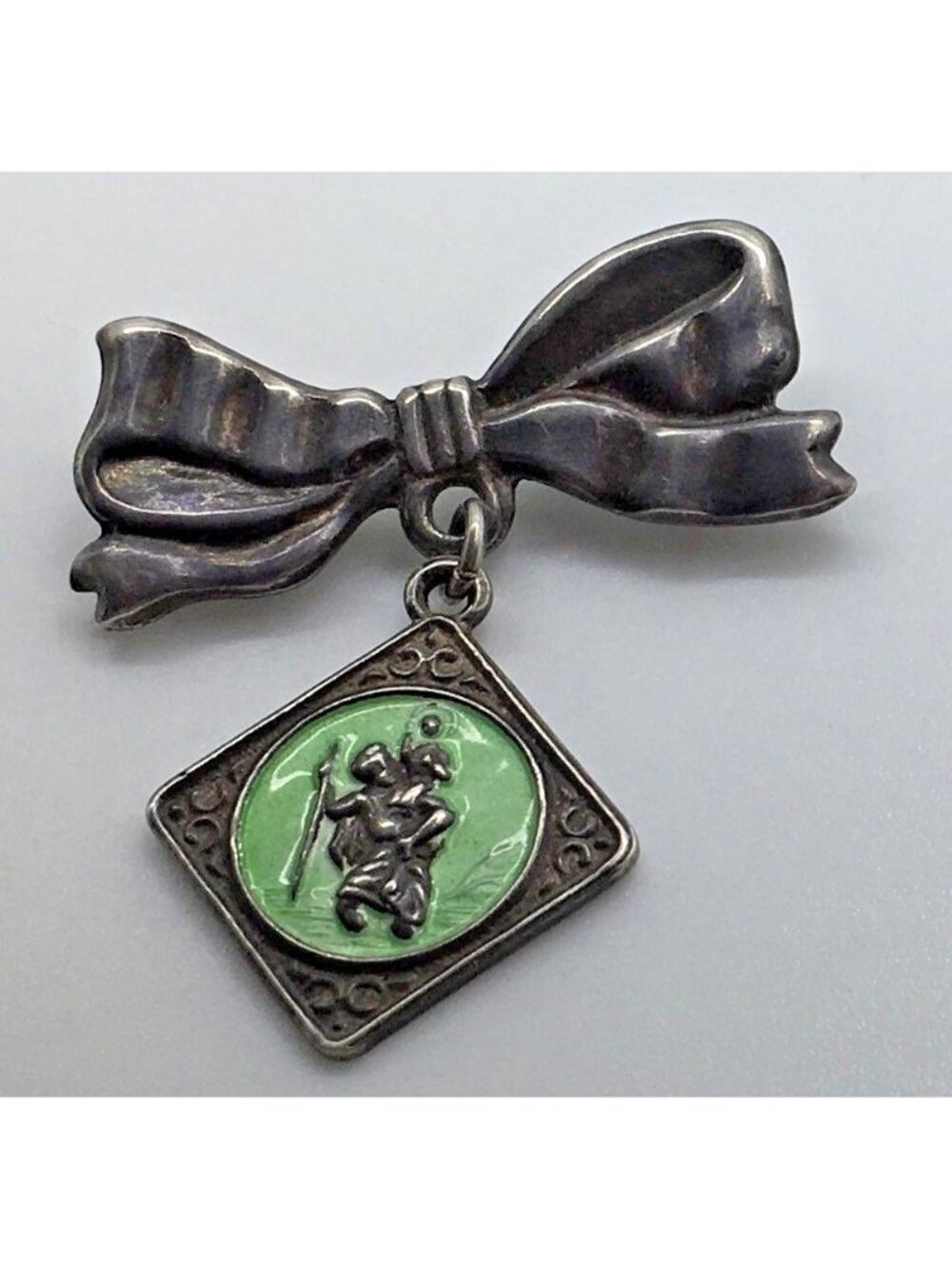 St Christopher  Brooch Pin Sterling Silver Enamel  Dangling Charm Green
